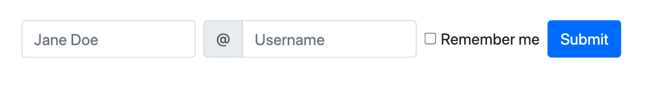 Bootstrap inline form displaying name and username labels, checkbox, and submit button on a single horizontal row